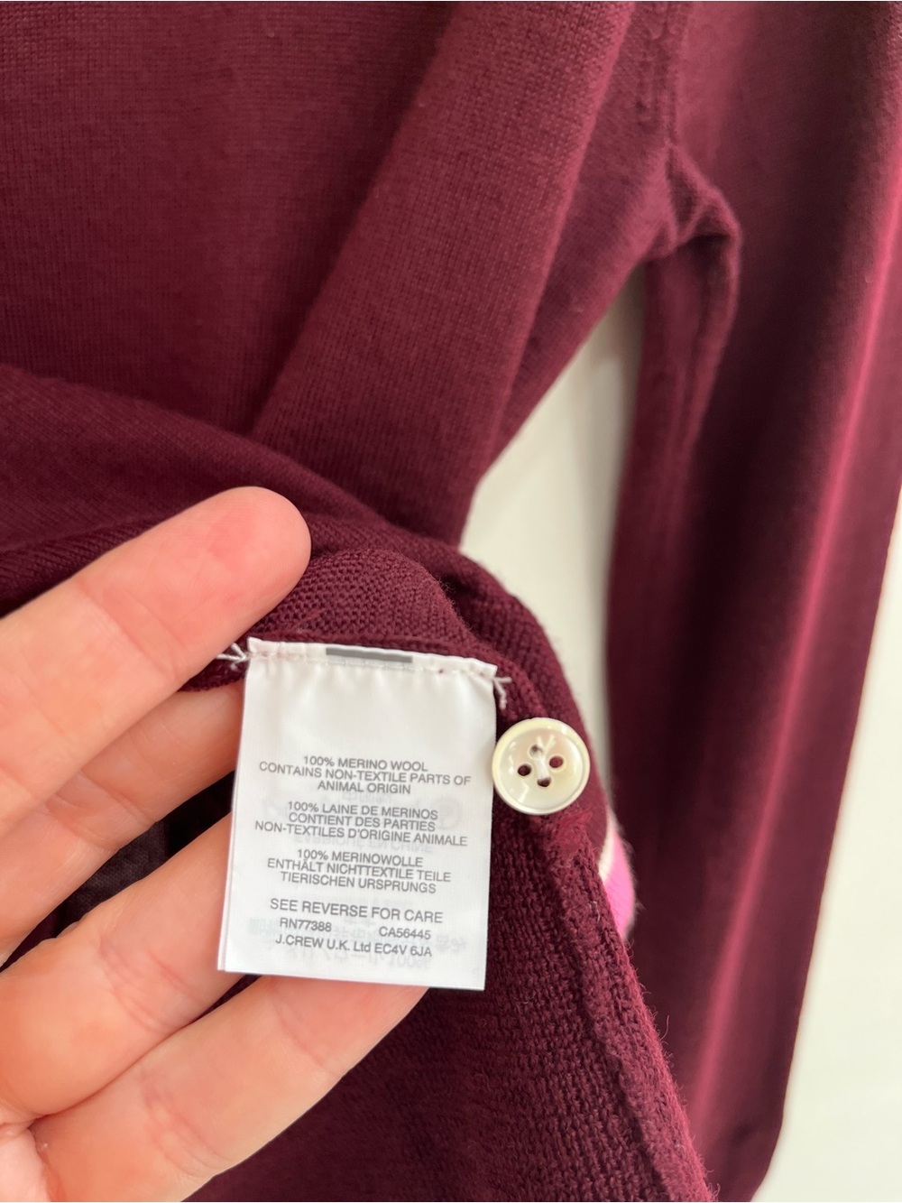 J. Crew Tipped Jackie Wool Cardigan Sweater Burgundy/Pink Large E8551 - Picture 7 of 7